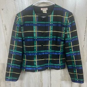 Talbots Vintage Black Multi Plaid Ribbon Jacket size 8 Christmas Holiday Festive